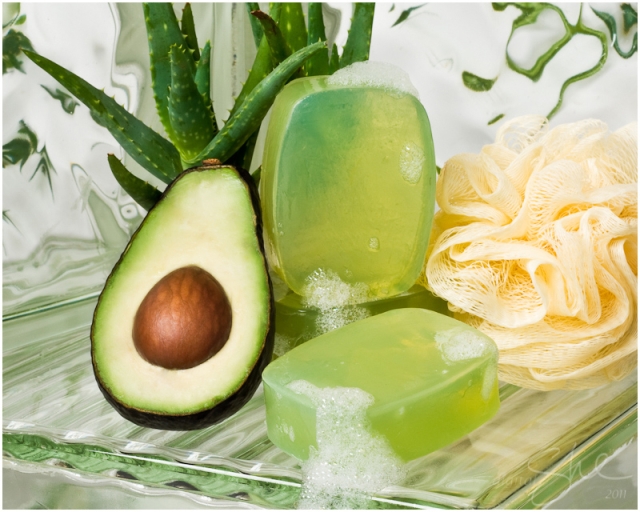 Aloe and Avocado Natural Glycerin Soap with scrubber and bubbles | Still Life by Product, Food and Beauty Photographer Shelah Osbrink.